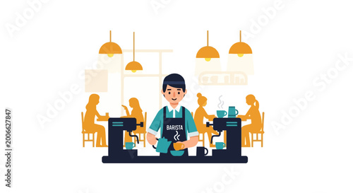 Male Barista Preparing Coffee in a Busy Cafe Vector Illustration