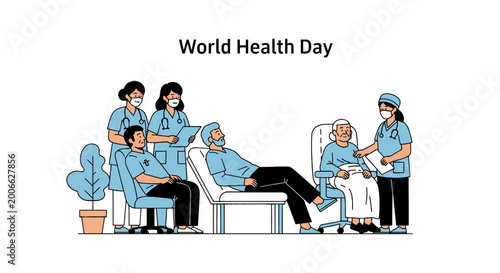 World Health Day illustration with medical team and patients in clinic
