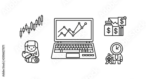 Online stock market analysis and investment concept line icons