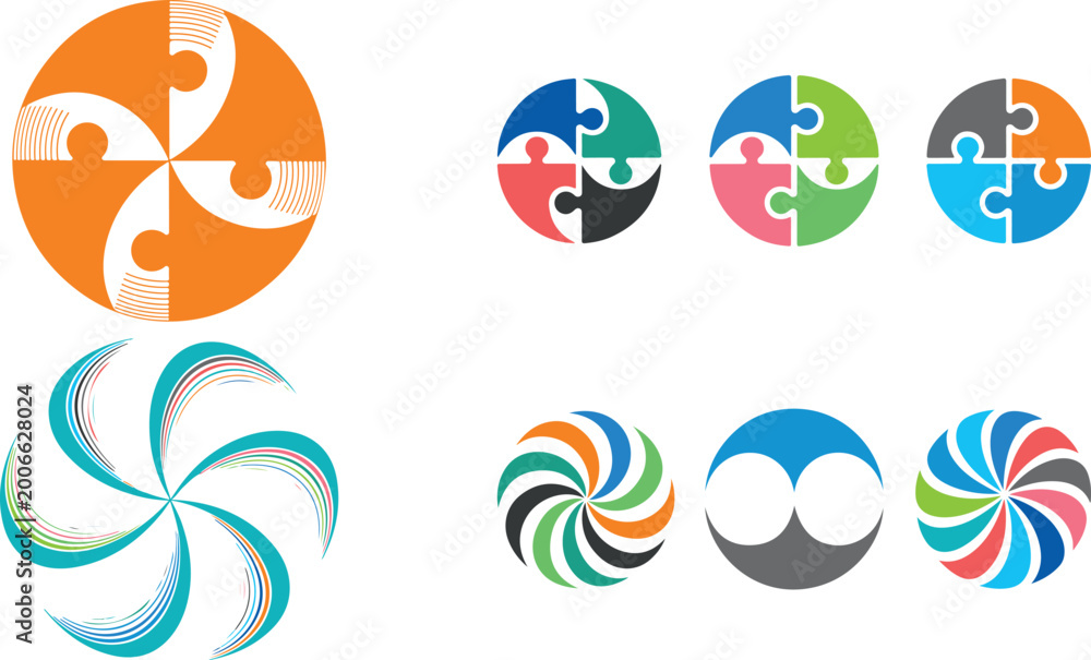 Fototapeta premium collection of colorful puzzle and swirl design elements for graphic resources