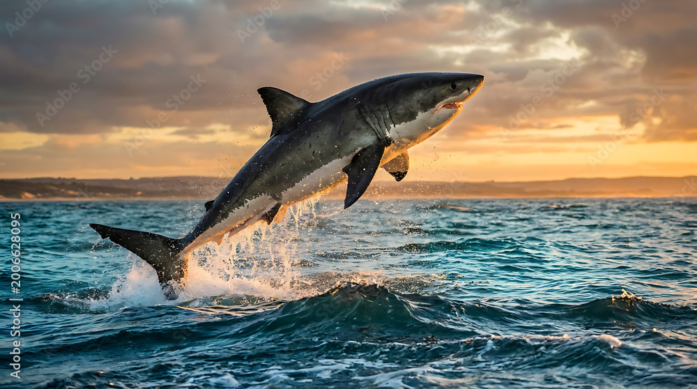 Fototapeta premium Great White Shark Majestic Breach Above Ocean Waves During Golden Hour Sunset
