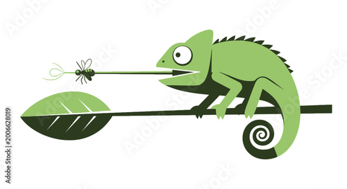Green chameleon vector illustration catching a fly on a branch