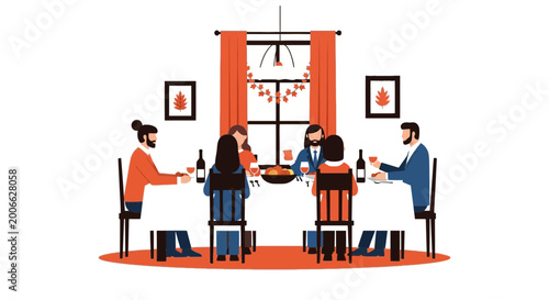 Friends and family sharing a festive autumn dinner illustration