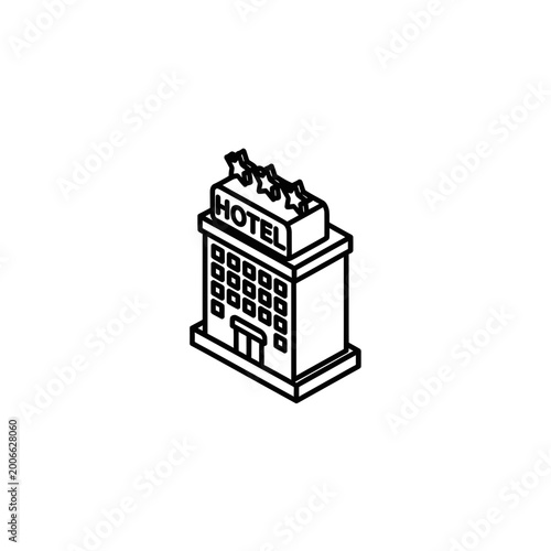 Isometric line art illustration of a hotel building with stars