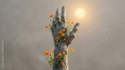 Multiple sclerosis recovery and resilience concept with orange flowers growing from cracked stone hand at sunset