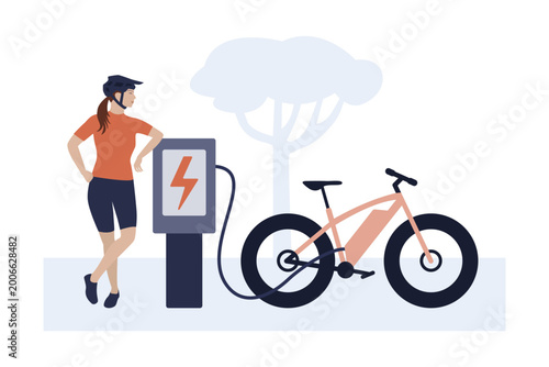 Electric bike charging station with female cyclist - sustainable transport.