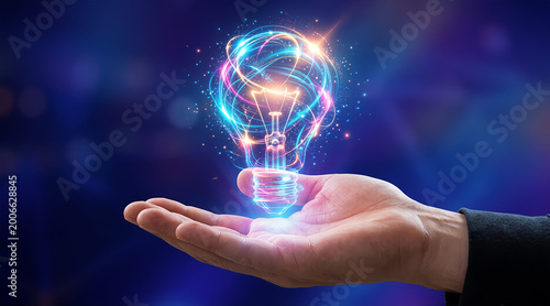 Creative Idea Concept with Glowing Light Bulb Floating Above Hand, Innovation Inspiration and Digital Energy Technology Background