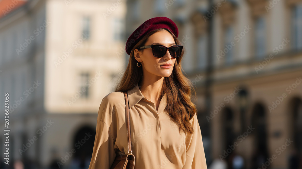 Fototapeta premium Outdoor street style fashion portrait of an elegant woman in a dark red beret, sunglasses, and beige shirt holding a handbag, European city concept, with copy space