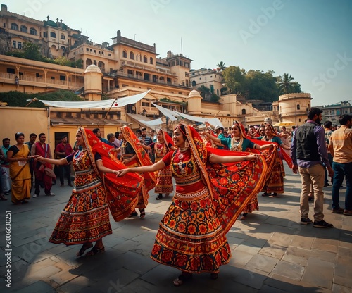 Traditional Indian Cultural Event with Women Dancing in Ethnic Dress