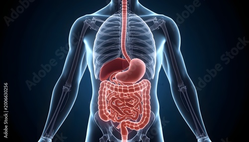 Human Digestive System Illustration Showing Stomach and Intestines Anatomy