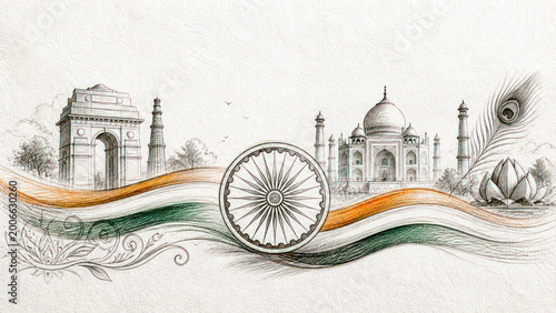 Hand drawn pencil style Indian patriotic background with detailed line art elements and copy space for text