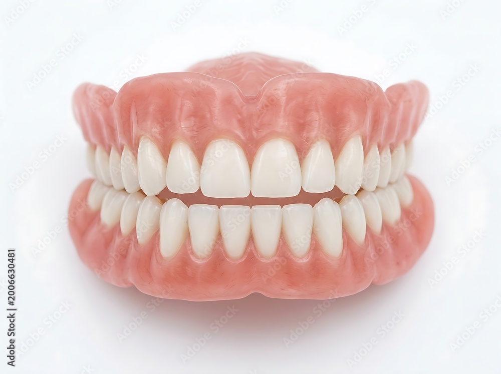 Fototapeta premium Realistic prosthetic teeth with pink acrylic gums showcased in a balanced bite against a clean minimalist white backdrop.