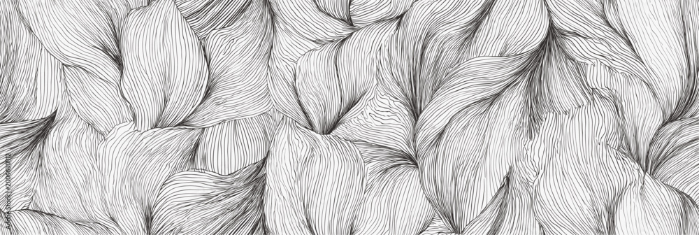 Obraz premium Coffee leaves seamless pattern minimalist line art. Stylized coffee leaves creating a dense, organic, decorative line art pattern