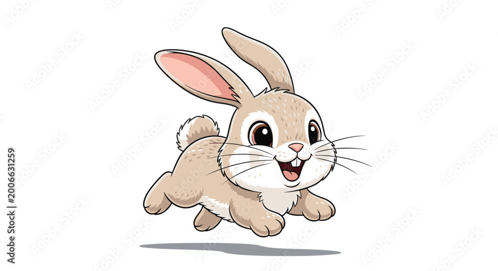 Obraz premium Cute brown rabbit with long ears and a fluffy tail hopping or running with a happy expression on its face against a white background.