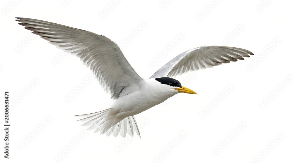 Fototapeta premium Agile tern with wings extended, displaying natural colors and textures isolated on a bright white studio background.