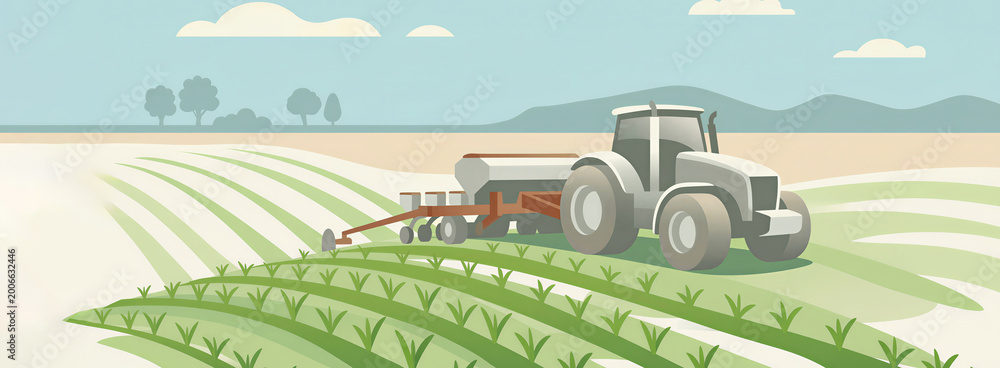 Fototapeta premium Tractor working on green field at farm. Modern agricultural machinery cultivating land with fertilizer equipment. Concept of smart farming, crop production and rural technology. Banner with copy space