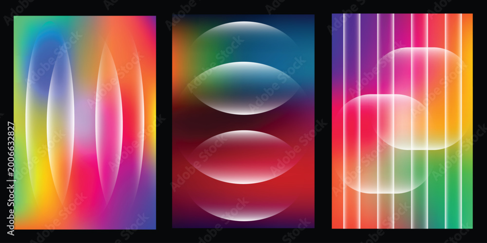 Fototapeta premium Set of three holographic gradient backgrounds with translucent shapes