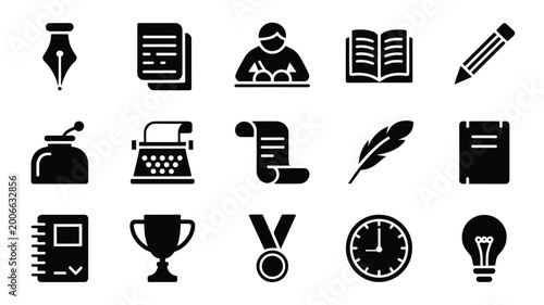 Set of 15 Black Flat Storytelling and Writing Vector Icons