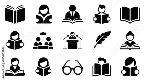 Set of 15 Black Reading and Education Icons Vector