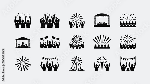 Set of 15 Black Celebration Icons Vector