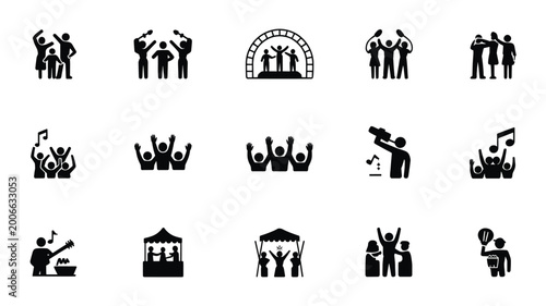 Set of 15 Black Flat Concert Audience and Music Event Icons Vector