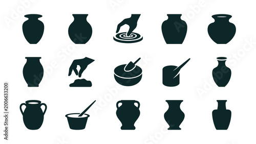 Set of 15 Black Pottery Making and Ceramic Craft Icons Vector