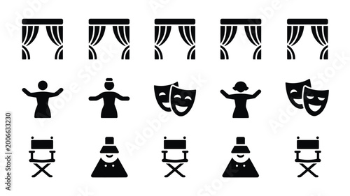Set of 15 Black Theater and Stage Related Vector Icons