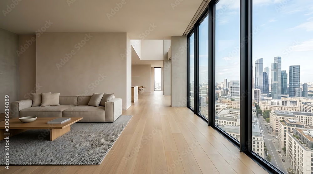 Fototapeta premium Modern luxury apartment with panoramic city view and contemporary living room interior design featuring sofa and large windows