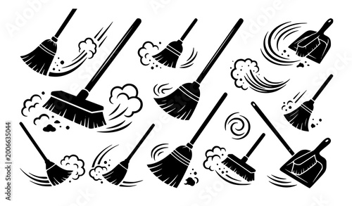 Tableau sur toile Dynamic broom cleaning silhouettes with sweeping dust motion icons in flat black