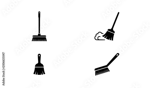 Tableau sur toile Cleaning broom and dust sweep silhouette icon set with modern minimal black vect