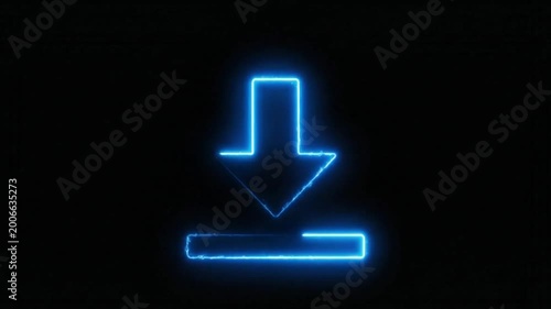 Neon Download Icon Glowing Effect on Black Background