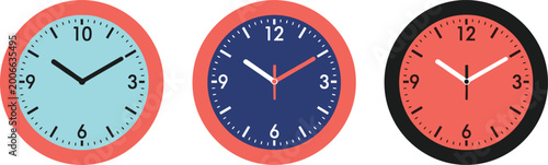 Set of 3 Colorful Analog Clock Icons with Different Time Displays for Digital Media, Time Management, and Scheduling Applications