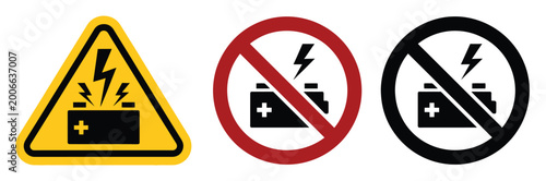 Foto Battery charging and disposal warning prohibition signs vector illustration for