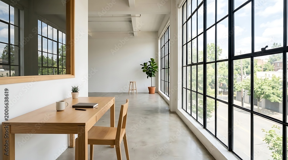 Obraz premium Bright modern loft apartment with large windows and a wooden desk, offering a minimalist workspace with natural light and urban views.