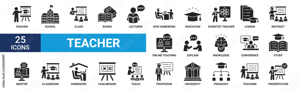 Naklejka premium Teacher icon set. Containing lesson, class, school, teaching, mentor, professor, education, books, instruct, knowledge and pedagogy. Vector glyph symbol collection.