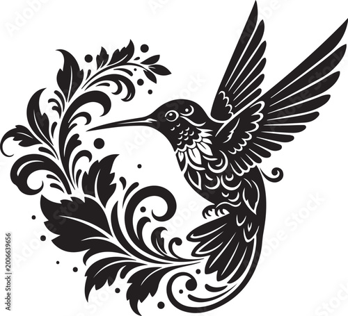 Elegant black and white hummingbird with decorative floral wings in flight