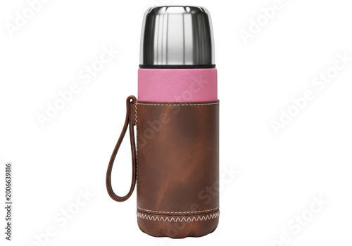 Pink and silver insulated water bottle with brown leather sleeve and strap