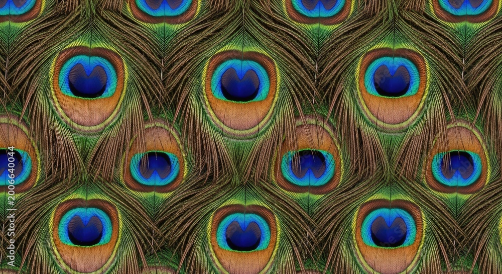 Obraz premium A seamless pattern displays a dense arrangement of vibrant peacock feathers. The feathers exhibit a rich color palette of emerald green, golden brown, deep blue, and iridescent turquoise.