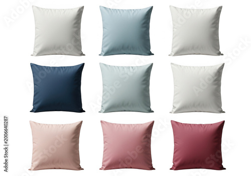 Set of nine square decorative pillows in different colors