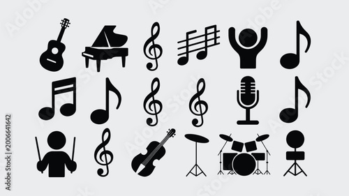 Canvastavla Set of 20 Black Music and Instrument Icons Vector