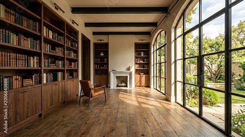 Luxurious library interior with floor to ceiling bookshelves and large windows overlooking a green garden on a sunny day