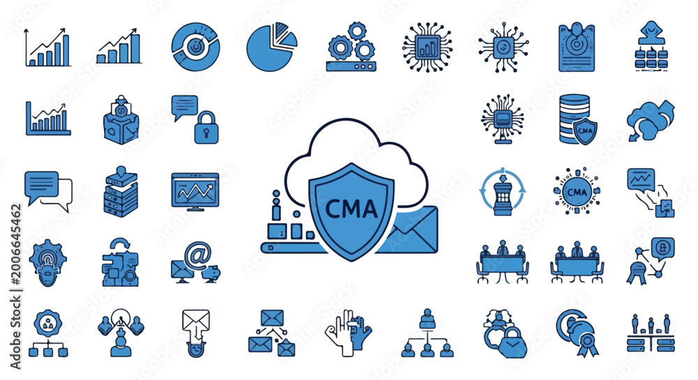 Fototapeta premium A collection of blue and white icons representing business data, cloud computing, and security concepts, centered on a CMA shield within a cloud.