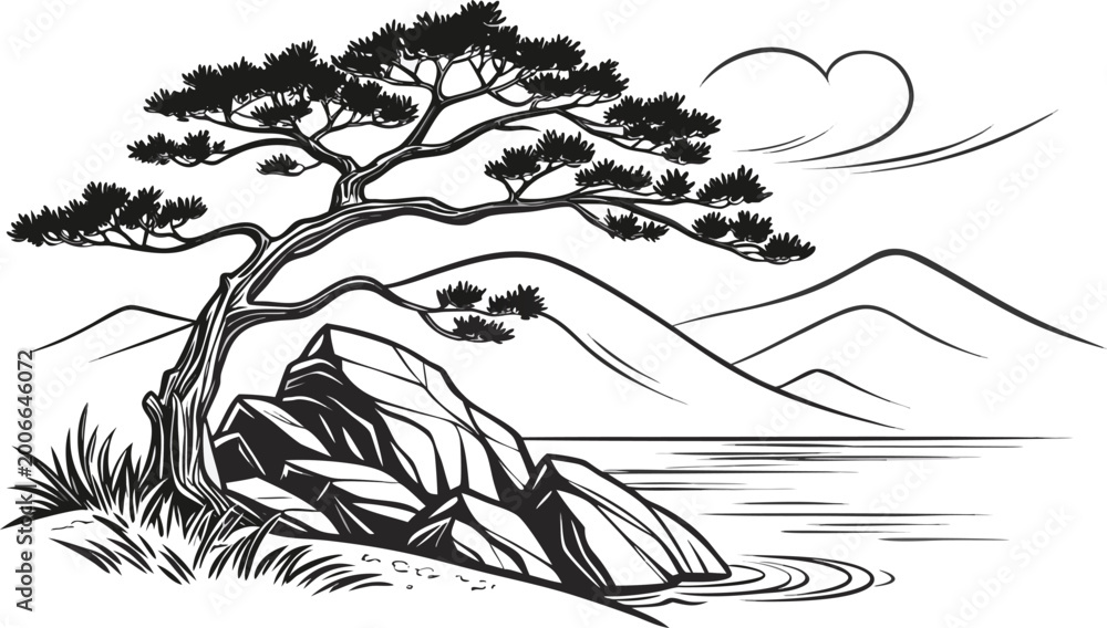 Fototapeta premium Detailed black and white of a gnarled pine tree growing on rocks by the water bonsai