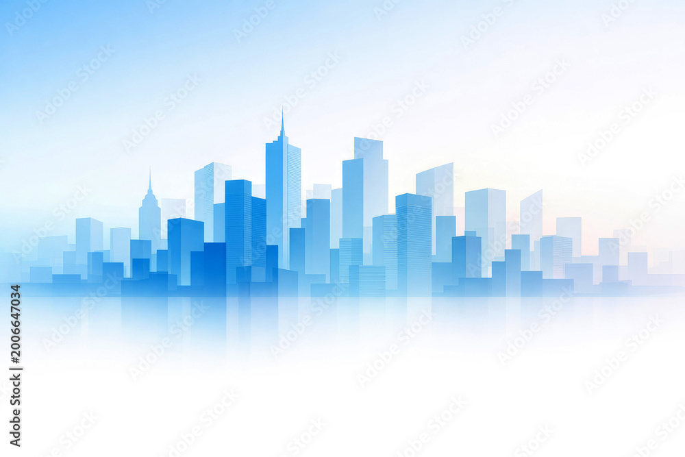 Fototapeta premium Minimalist blue cityscape with tall buildings and skyscrapers reflecting on a smooth surface against a bright white gradient sky