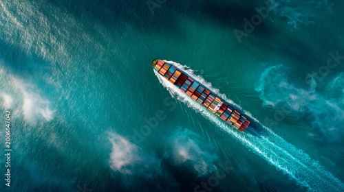 Aerial top view of cargo container ship sailing across deep blue ocean leaving white contrail, global logistics and international freight transport concept, maritime shipping industry, import export b