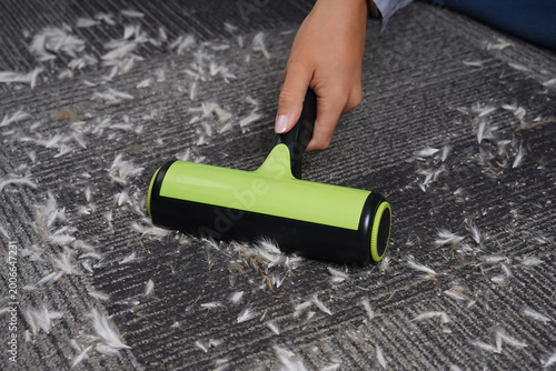 Fényképezés Close up of woman using a reusable lint roller to remove white pet fur from gray