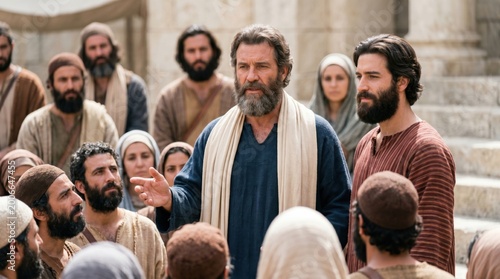 Saint Stephen preaching to gathered crowd of people. Biblical scene of faithful man speaking wisdom and truth to ancient crowd. Christian religious history and spiritual ministry context.