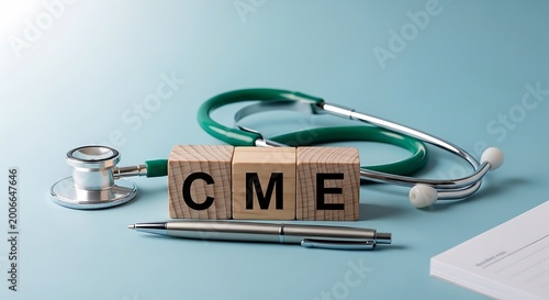 Medical equipment with wooden blocks spelling cme on blue surface with pen and paper