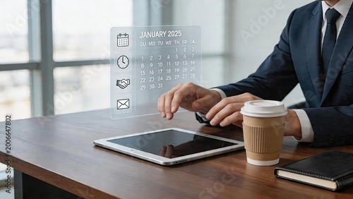 Businessman interacting with holographic digital calendar displaying January 2025 on modern office desk futuristic technology planning scheduling appointments and meetings high