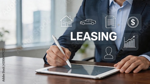 Businessman using digital tablet and pen to sign leasing agreement financial services vehicle leasing concept modern office work environment signing documents on touchpad